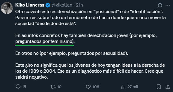 Solo al final del hilo se menciona el Feminismo como "motivo" (no principal motivo) de esa diferencia [2]